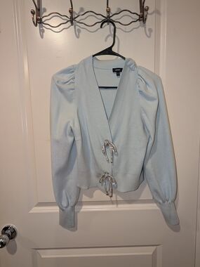 Express Light Blue Puff Sleeve Cardigan with Bow Details Long Sleeve Cardigan
